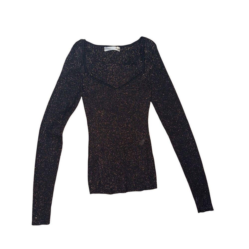 A by Anthropologie Black/Gold Metallic Lures Sweetheart Neck Ribbed Sweater Sz X